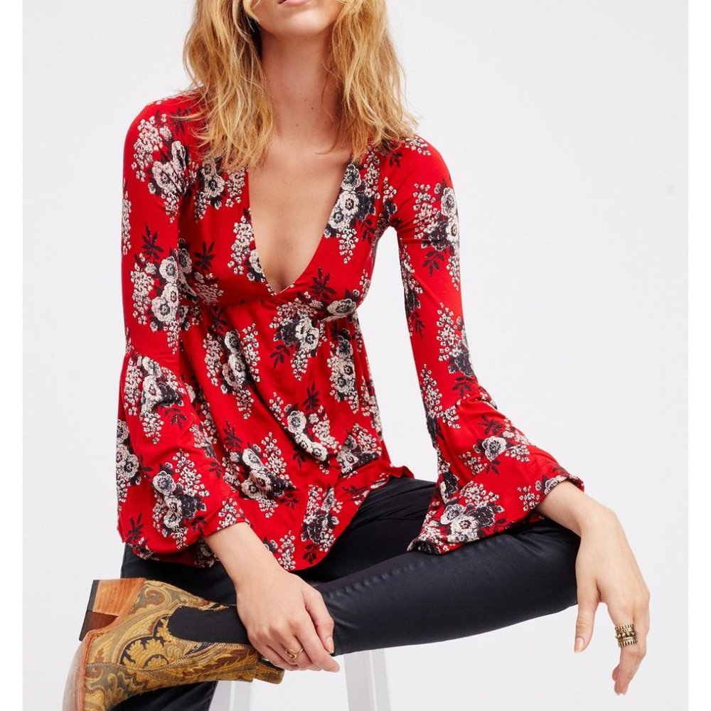 Free People Speak Easy Floral Tunic Top Red Small